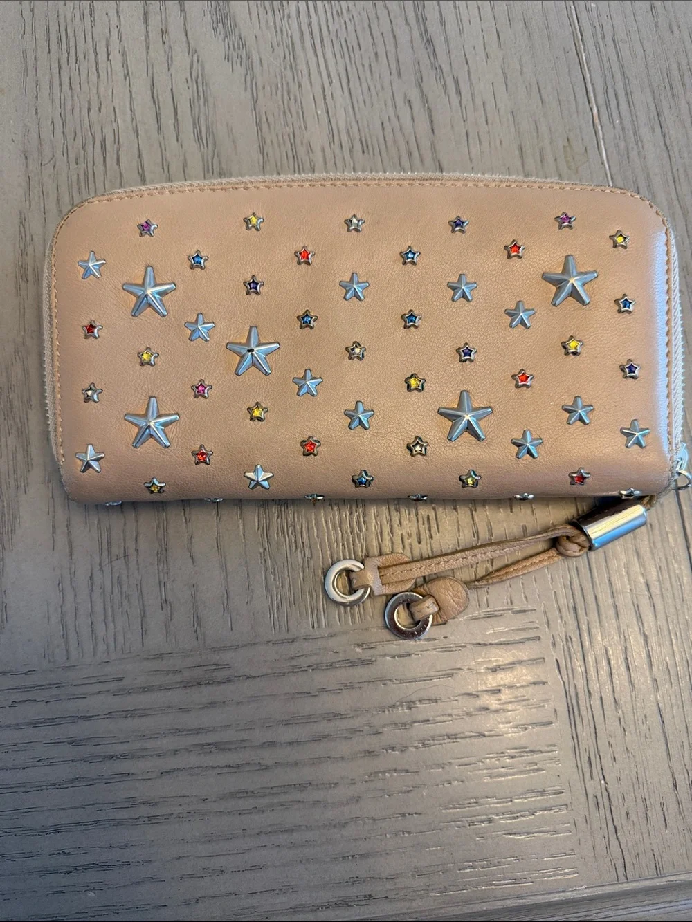 Jimmy Choo Beige Star-Stud Continental Zip Wallet with Multicolor Accents
